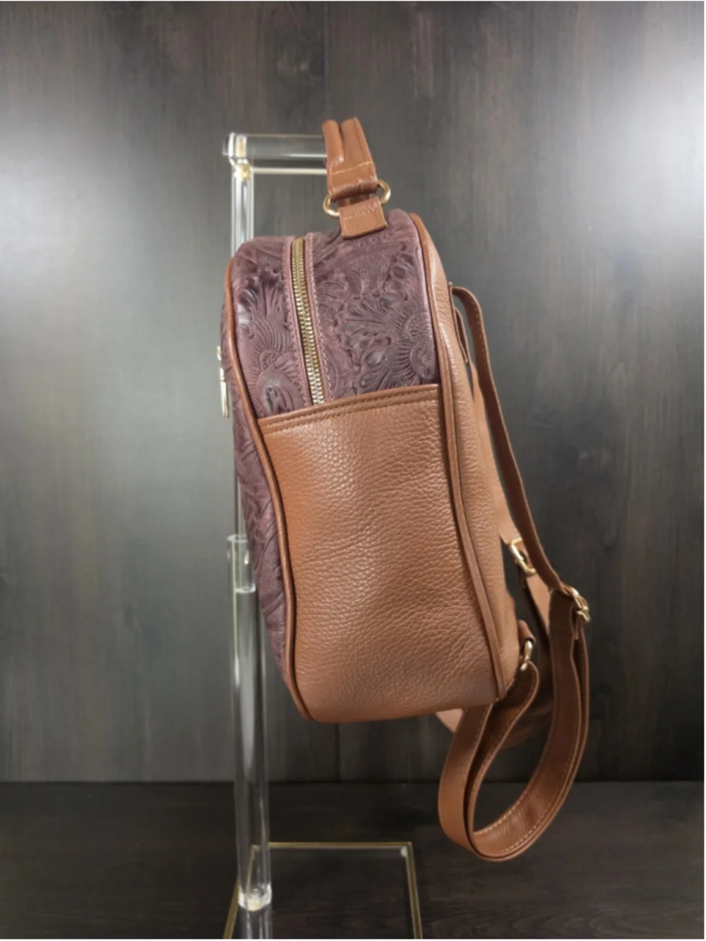 Burgundy Purple Wine Floral Embossed Tooled LEATHER Artisan Mexican Backpack Bag